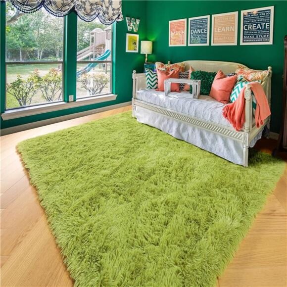 Grass Green Area Rug for Bedroom,4'X6',Fluffy Shag for Living Room,Furry Carpet - Picture 4 of 7